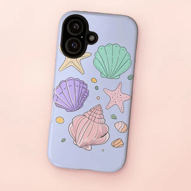 Handyhülle „Pastell-Muscheln“: fliederfarbene Hülle mit Pastell-Muscheln und Seesternen