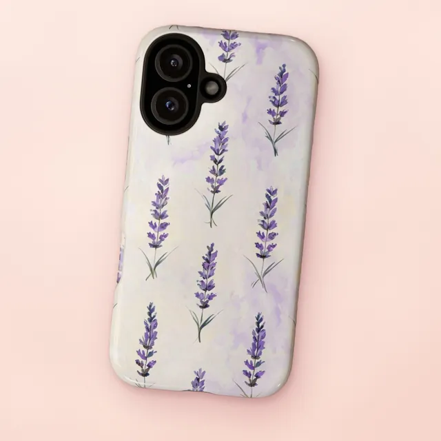 Handyhülle „Lavendel“: cremefarbene Hülle mit Lavendelzweigen im Aquarell-Stil