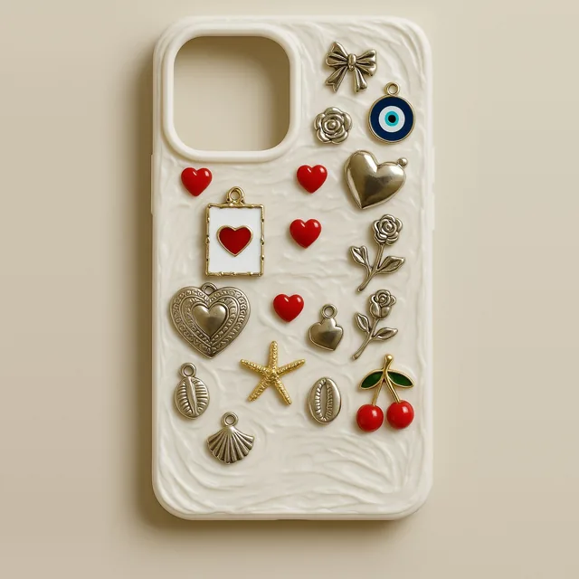 Handyhülle „Charm-Hülle“: cremefarbene Hülle mit Struktur und goldenen und silbernen Anhängern: Schleife, Rosen, Herzen, Nazar-Auge, Seestern, Muschel, rote Herzen und Kirschen